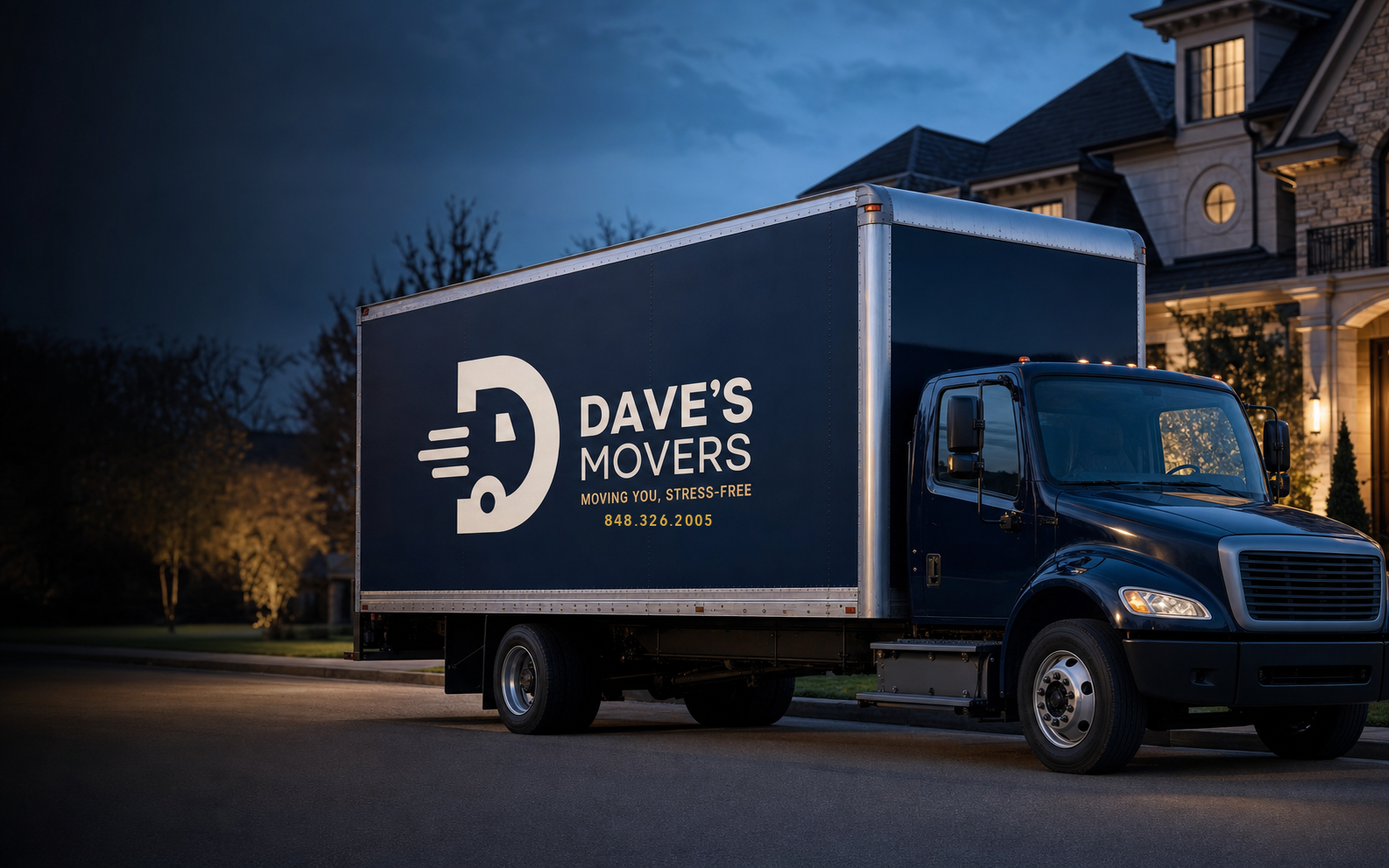 Navy Dave's Movers truck with company phone number outside a home at dusk